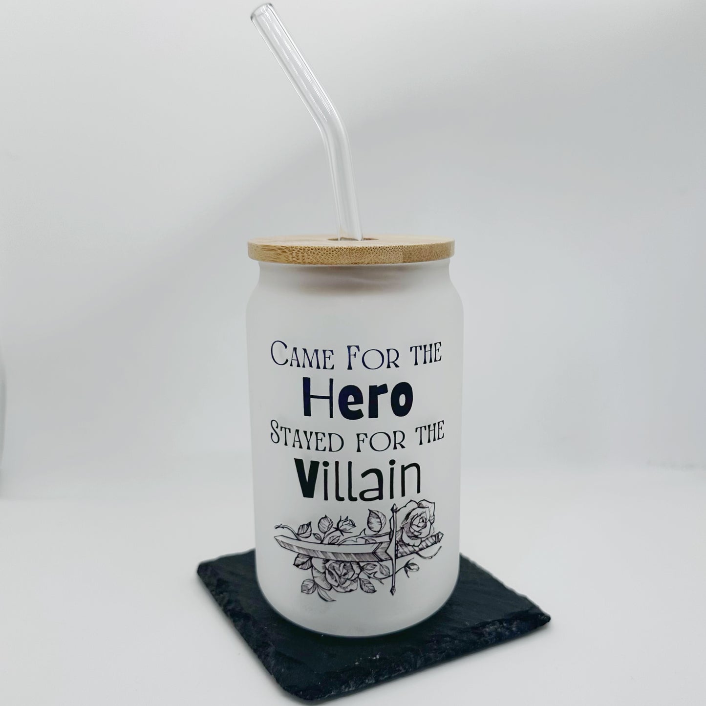 Came For The Hero, Stayed For The Villain Frosted Glass Tumbler With Bamboo Lid - Sale
