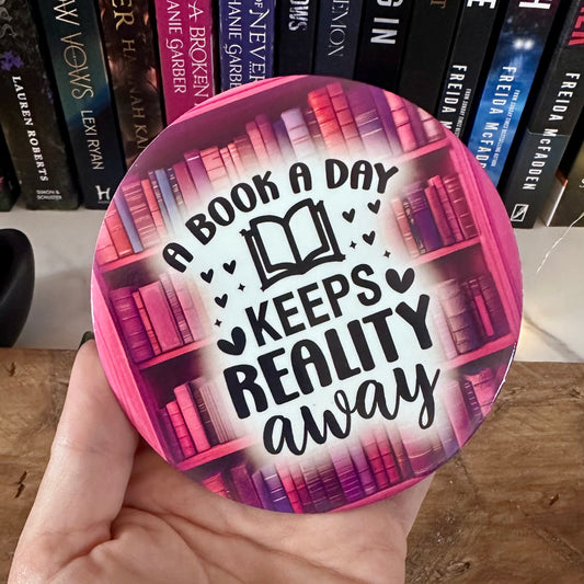 A Book a Day Keeps Reality Away – Ceramic Bookish Coaster
