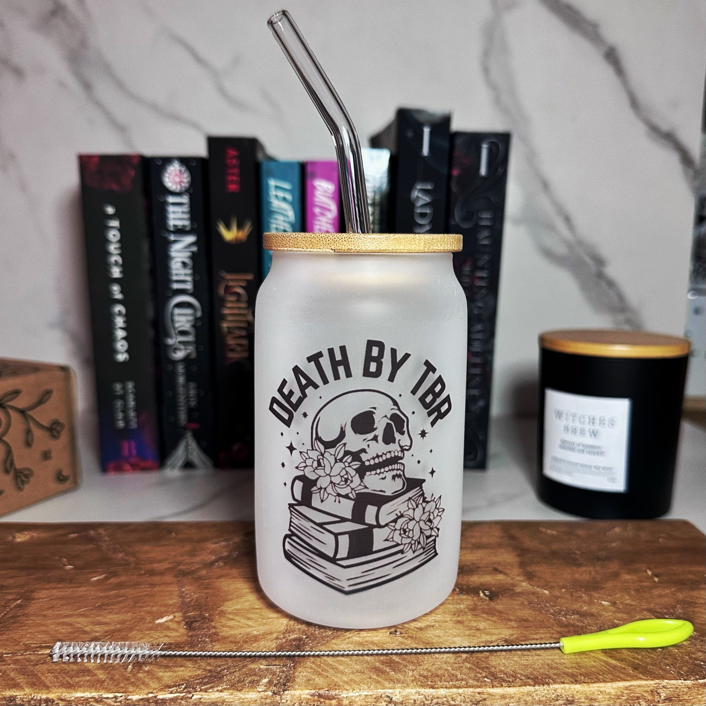 Death By TBR, 13oz Frosted Glass Tumbler With Bamboo Lid, Glass Straw And Cleaning Brush, Bookish Glass Tumbler