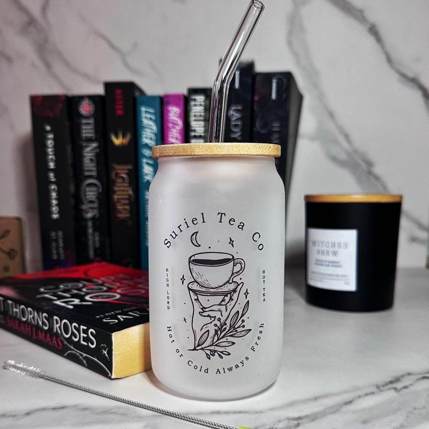 ACOTAR Suriel Tea Co, 13oz Frosted Glass Tumbler With Bamboo Lid, Glass Straw And Cleaning Brush, Bookish Glass Tumbler