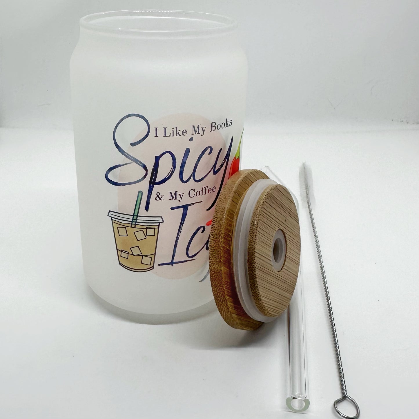 I Like My Books Spicy & My Coffee Icy, 13oz Frosted Glass Tumbler With Bamboo Lid