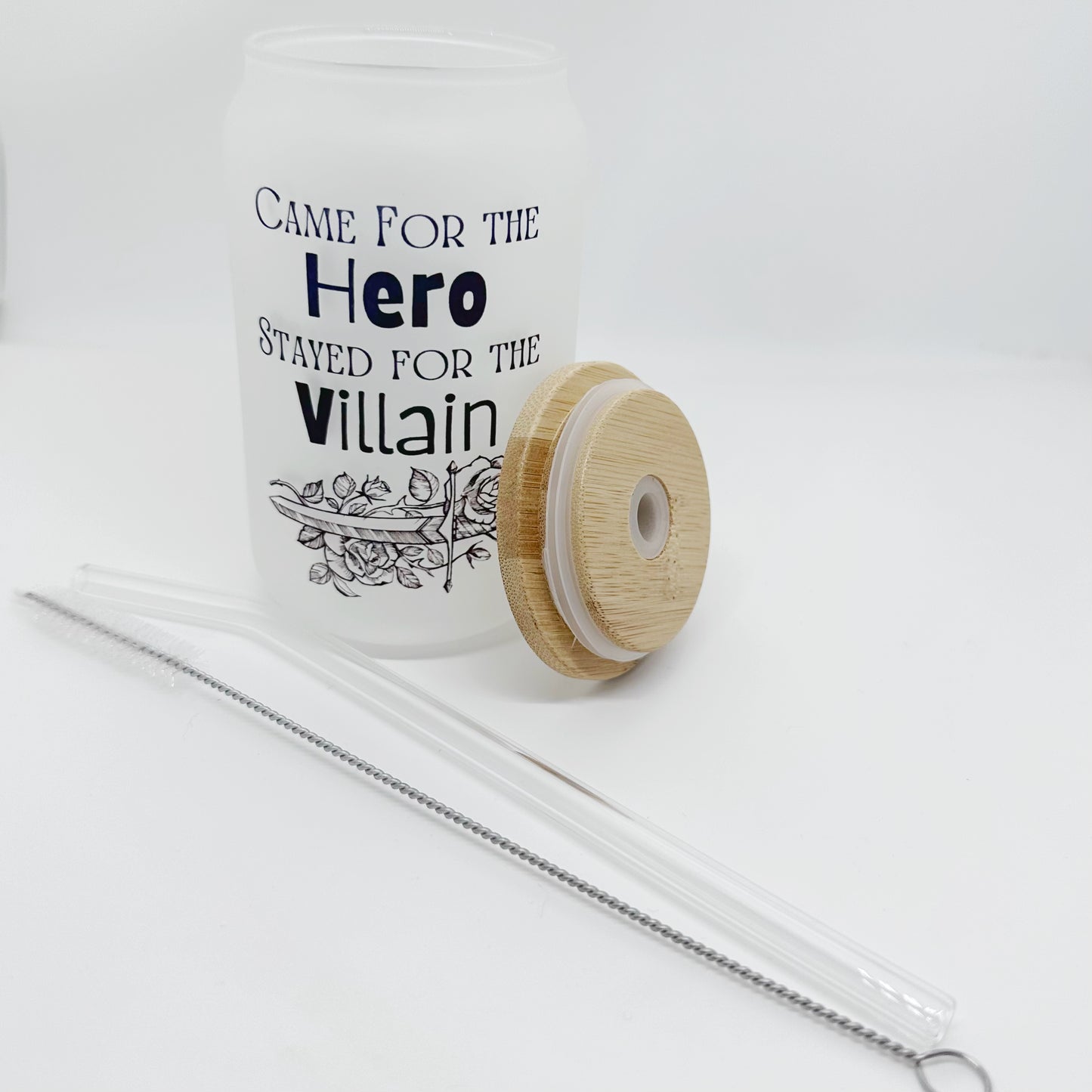 Came For The Hero, Stayed For The Villain, 13oz Frosted Glass Tumbler With Bamboo Lid